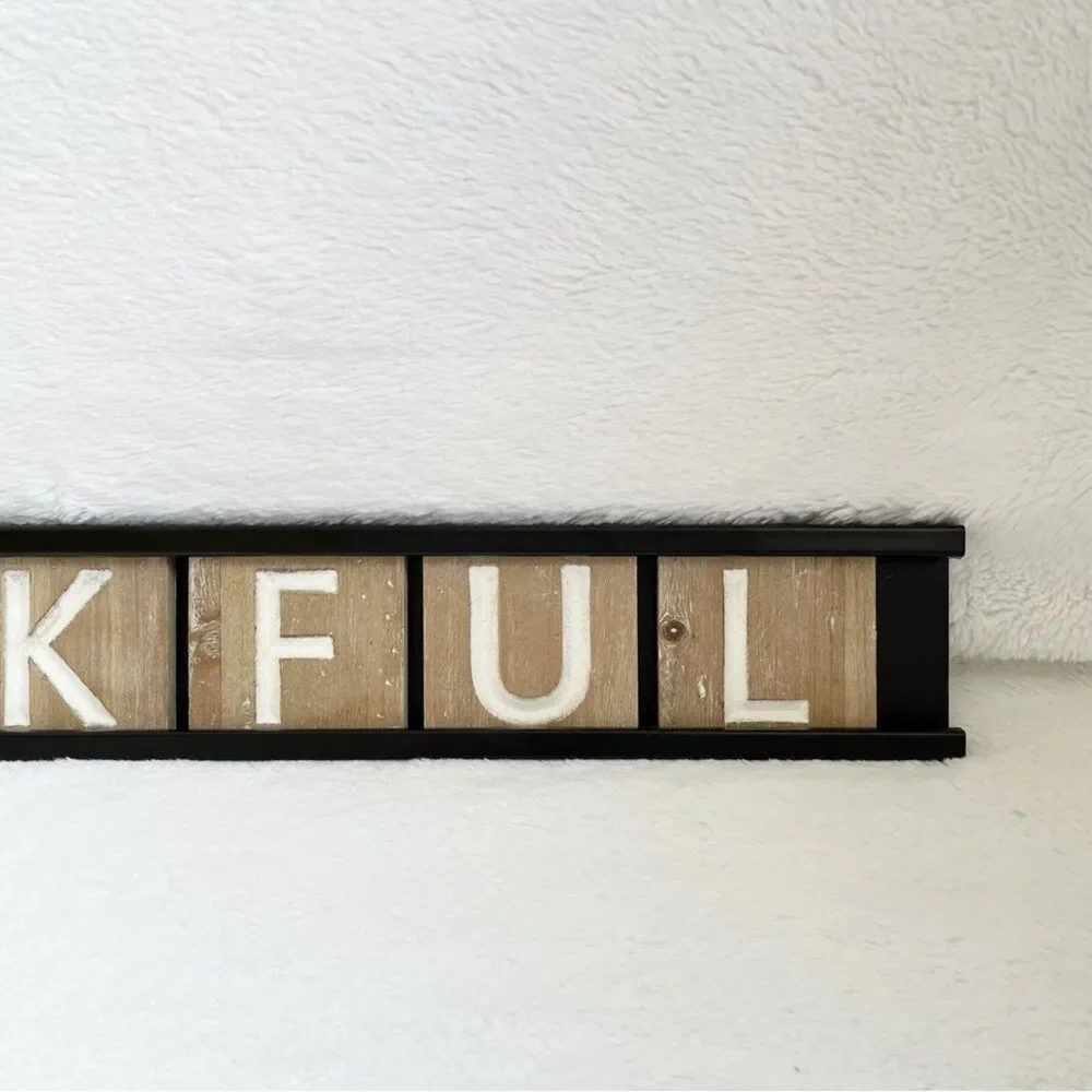 Thankful Hanging Sign Wood Letter Block Metal Frame Rustic Home Decor